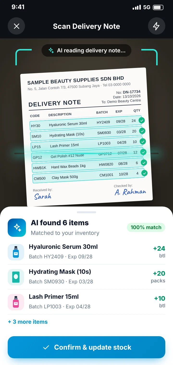 Phone scanning a beauty supplies delivery note while AI reads each item and updates stock