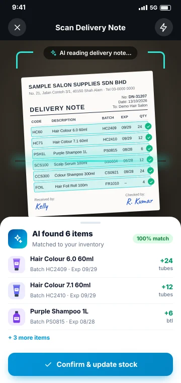 AI delivery note scan Phone scanning a hair products delivery note while AI reads each item and updates salon stock