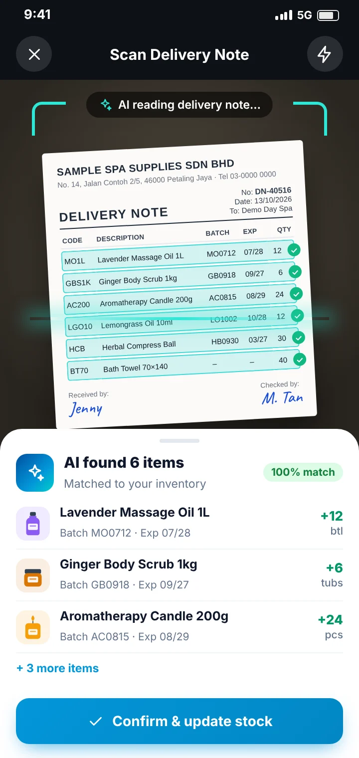Phone scanning a spa supplies delivery note while AI reads each item and updates stock