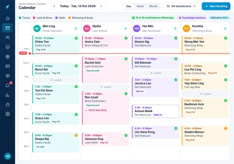 Beauty centre booking calendar Beauty centre appointment calendar on an iPad with facials, lash and brow, nails and slimming bookings and package sessions