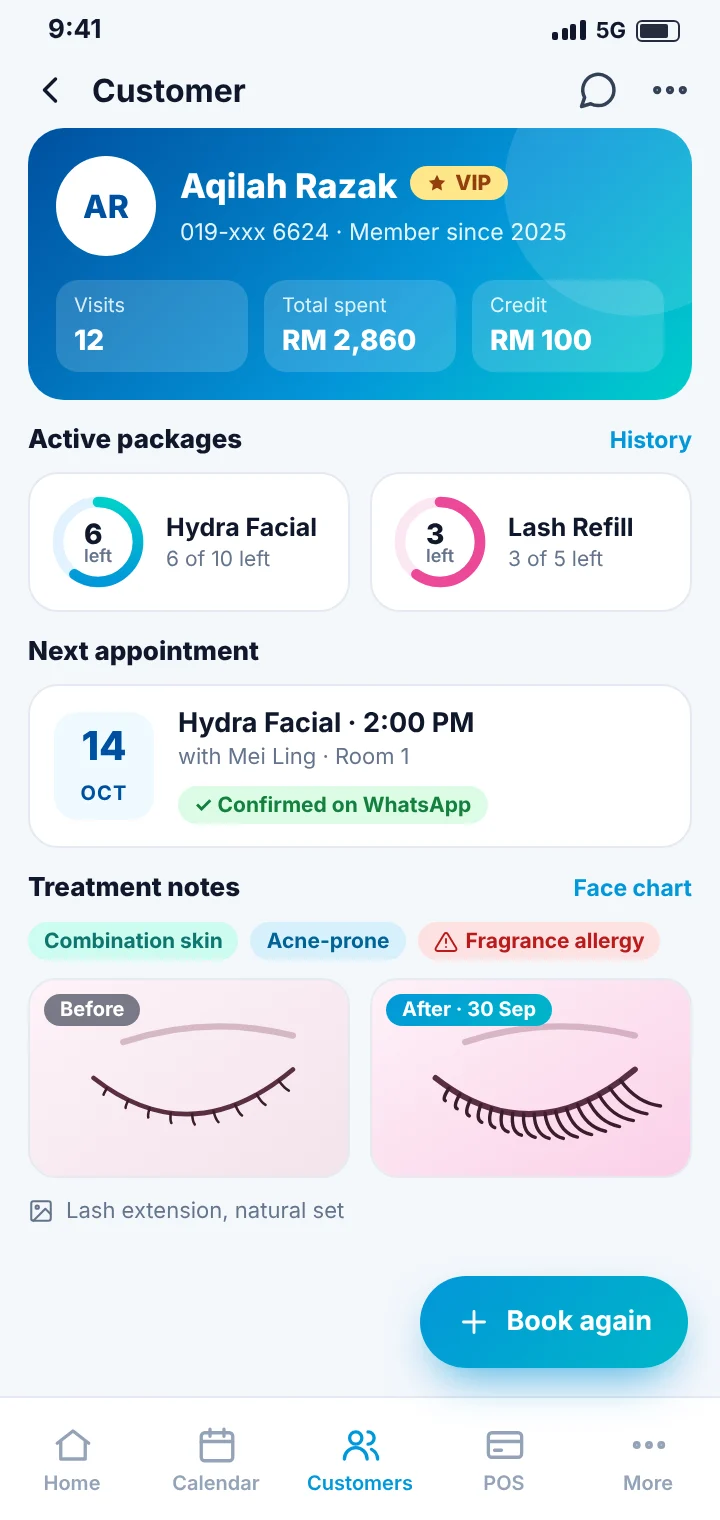 Beauty centre customer profile on a phone with facial and lash packages, sessions left, skin notes and next appointment