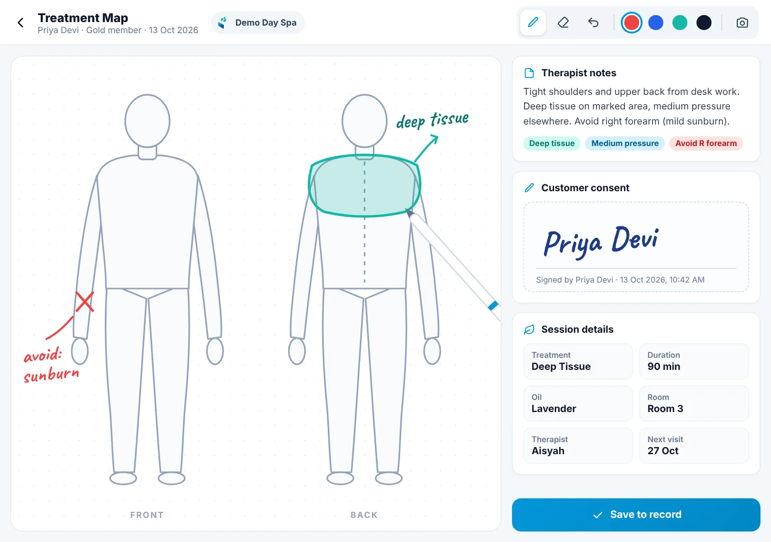 iPad treatment map with the therapist's hand-drawn massage areas and the customer's digital signature