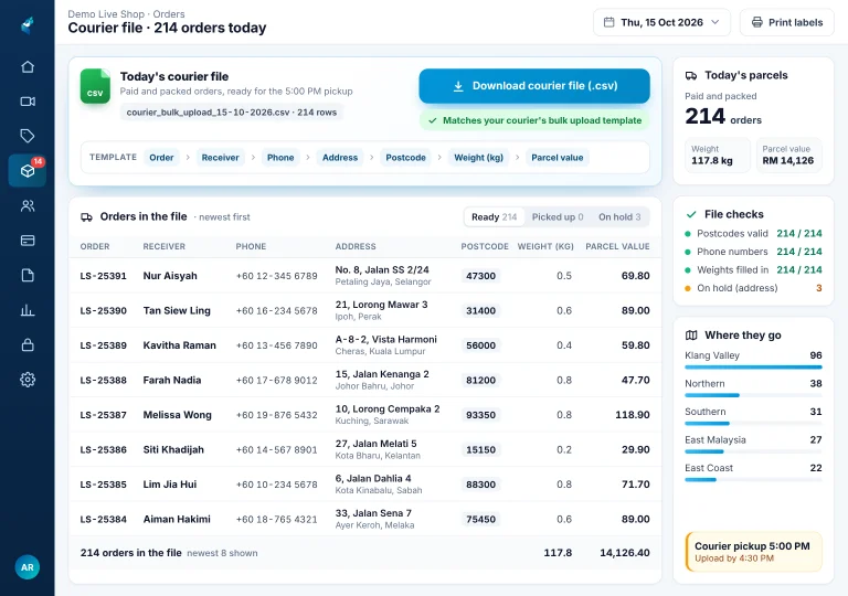 Customer D: courier upload file Online seller's 214 orders of the day on an iPad, ready to download as the courier's bulk upload file