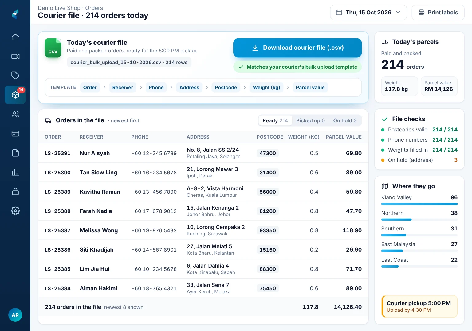Online seller's 214 orders of the day on an iPad, ready to download as the courier's bulk upload file