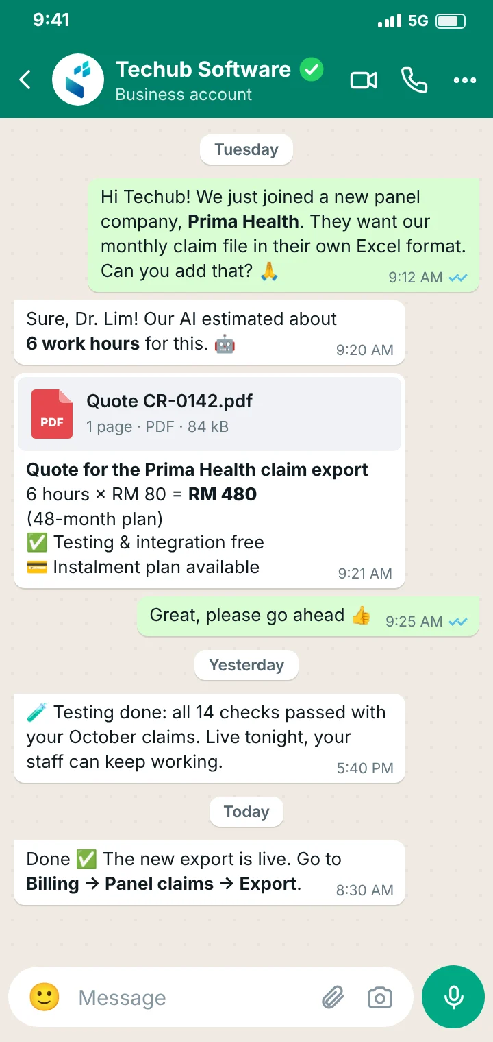 A clinic asking Techub on WhatsApp for a new panel claim export and getting a quote of 6 work hours at RM 80, with free testing and integration