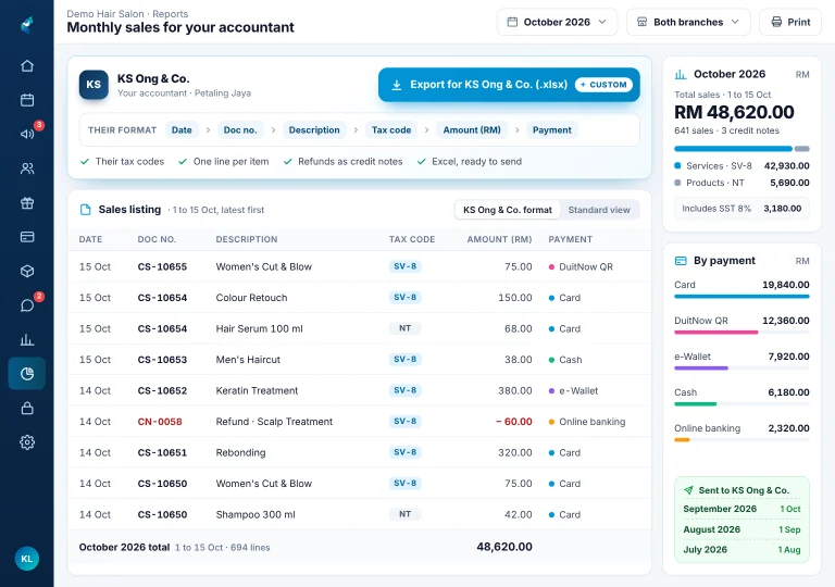 Customer B: sales in the accountant's format Hair salon monthly sales report on an iPad, exported in the accountant's own Excel format