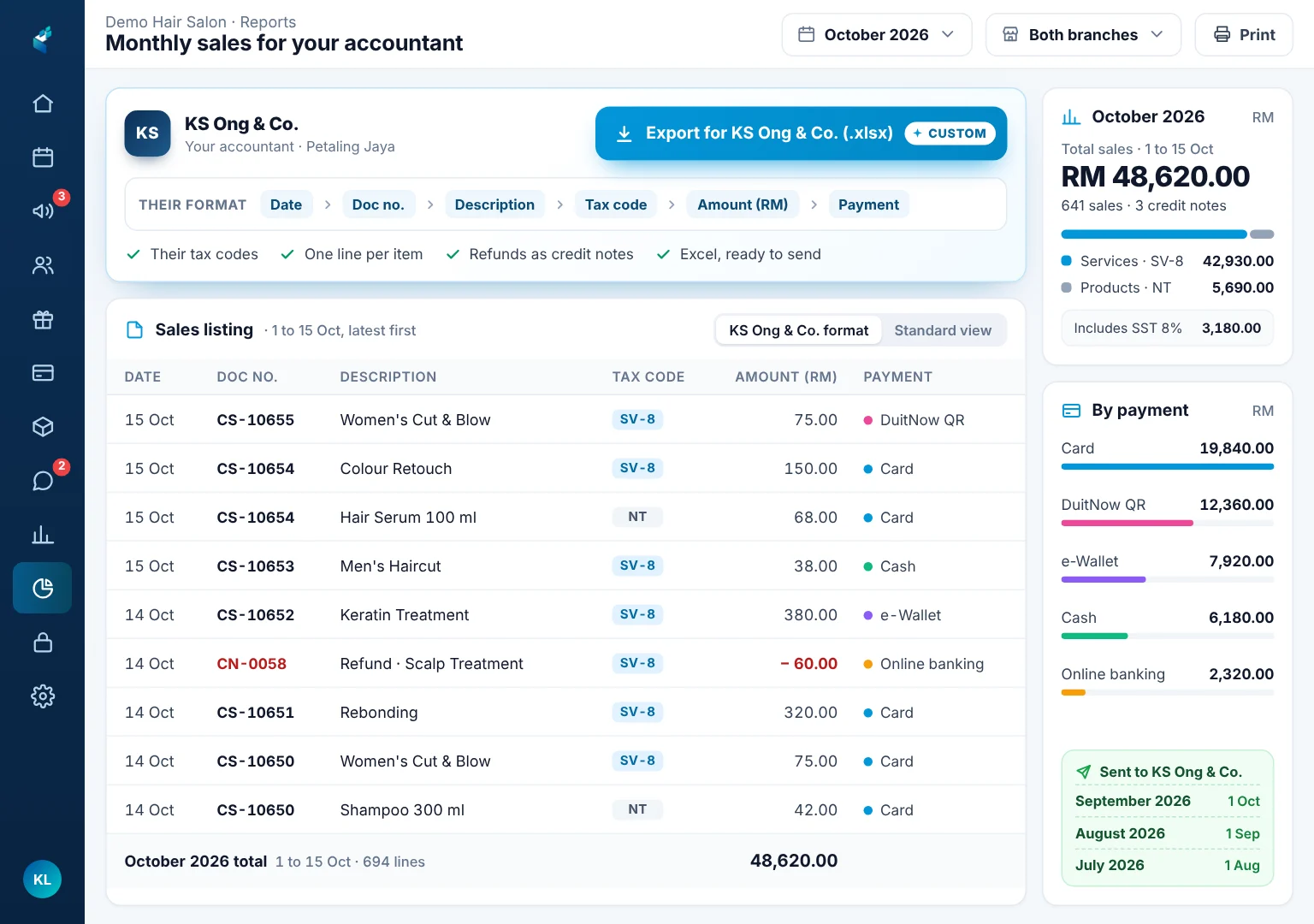 Hair salon monthly sales report on an iPad, exported in the accountant's own Excel format