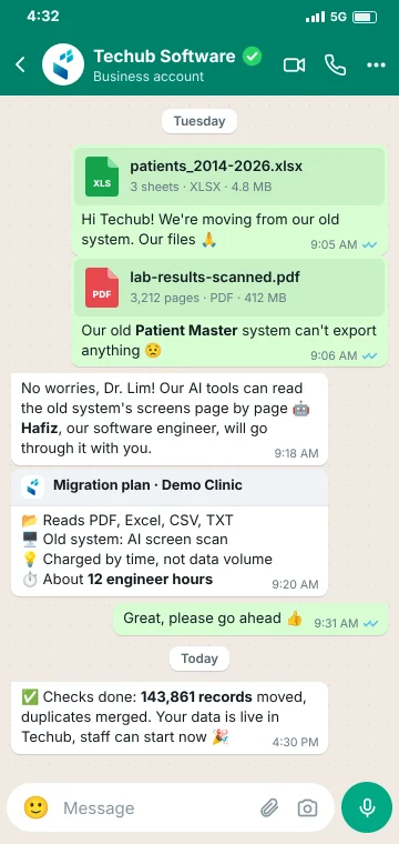 Data migration on WhatsApp A clinic sends its Excel and scanned PDF files to Techub on WhatsApp, gets a migration plan charged by time, then hears its 143,861 records are live