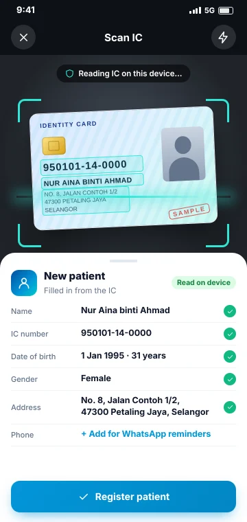 IC scanner for patient registration Phone camera scanning a sample IC while OCR on the device reads the name, IC number and address and fills in a new patient's registration
