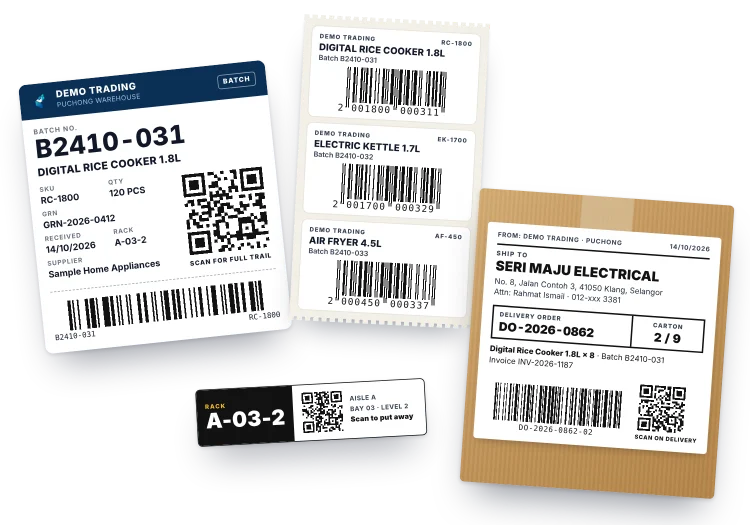Barcode & QR labels Printed batch label with a QR code, product barcode stickers, a rack label and a carton label for a delivery order