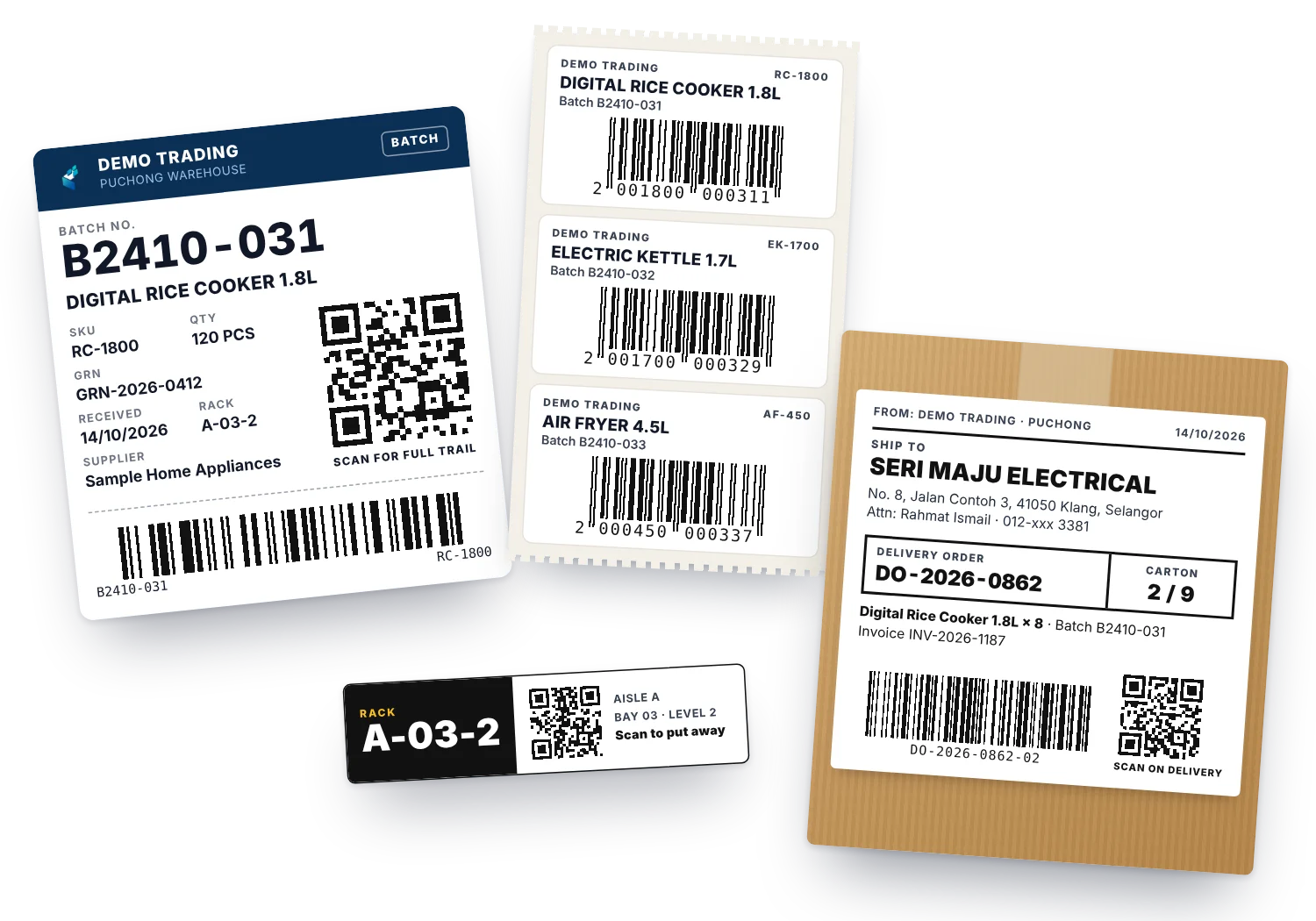 Printed batch label with a QR code, product barcode stickers, a rack label and a carton label for a delivery order