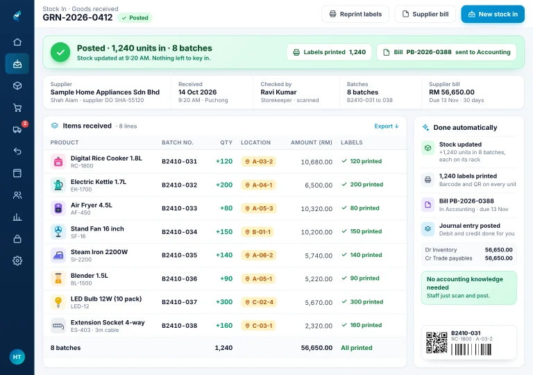 Batch stock in Batch stock in on an iPad: 1,240 units in 8 batches posted at once, each with its rack, barcode and QR labels printed and the supplier bill sent to Accounts