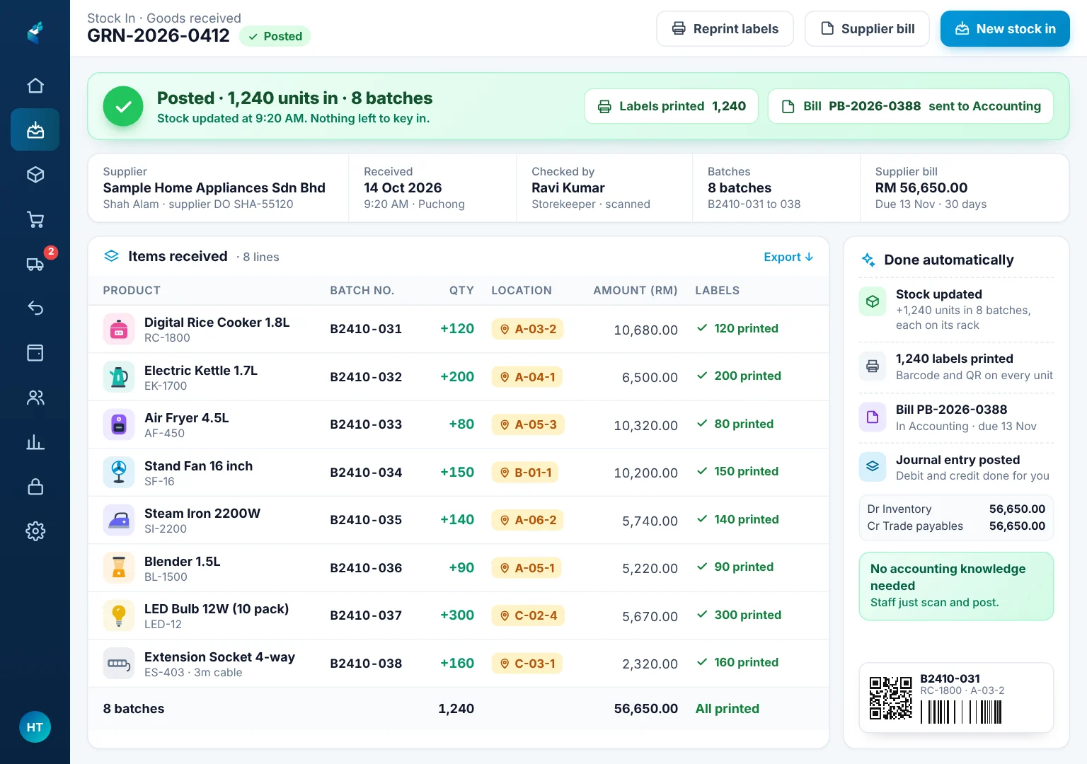 Batch stock in on an iPad: 1,240 units in 8 batches posted at once, each with its rack, barcode and QR labels printed and the supplier bill sent to Accounts