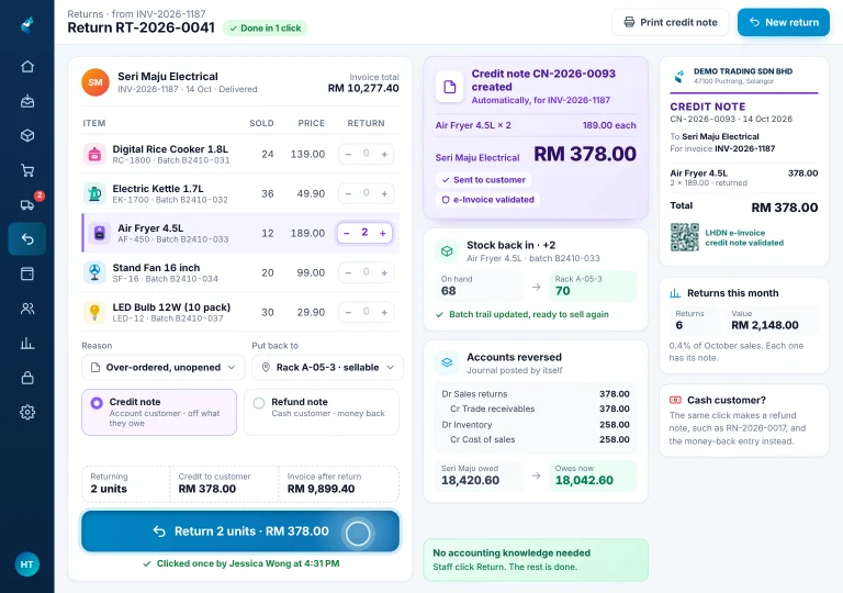 One-click return & credit note One-click return on an iPad: the credit note is created automatically, the stock goes back to its rack and the accounts are reversed