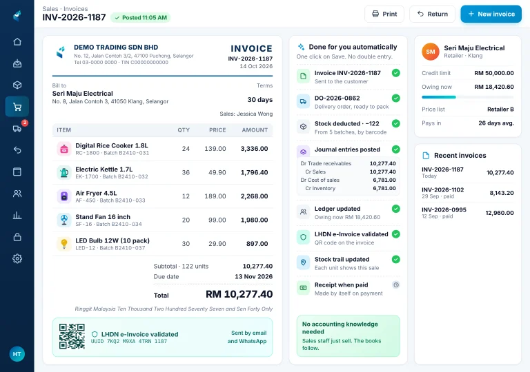 Sales linked to accounting Sales invoice on an iPad with the rest done automatically: delivery order, stock deducted, journal entries, customer ledger and LHDN e-Invoice