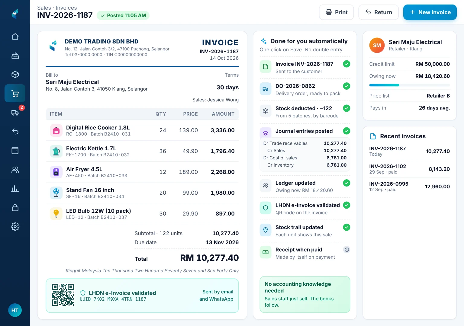 Sales invoice on an iPad with the rest done automatically: delivery order, stock deducted, journal entries, customer ledger and LHDN e-Invoice