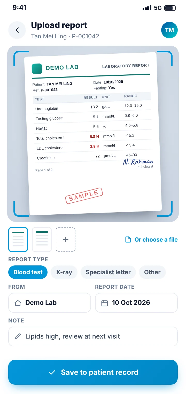 Phone taking a photo of a sample blood test report from a lab and saving it to the patient's record with the lab's name, the report date and a note