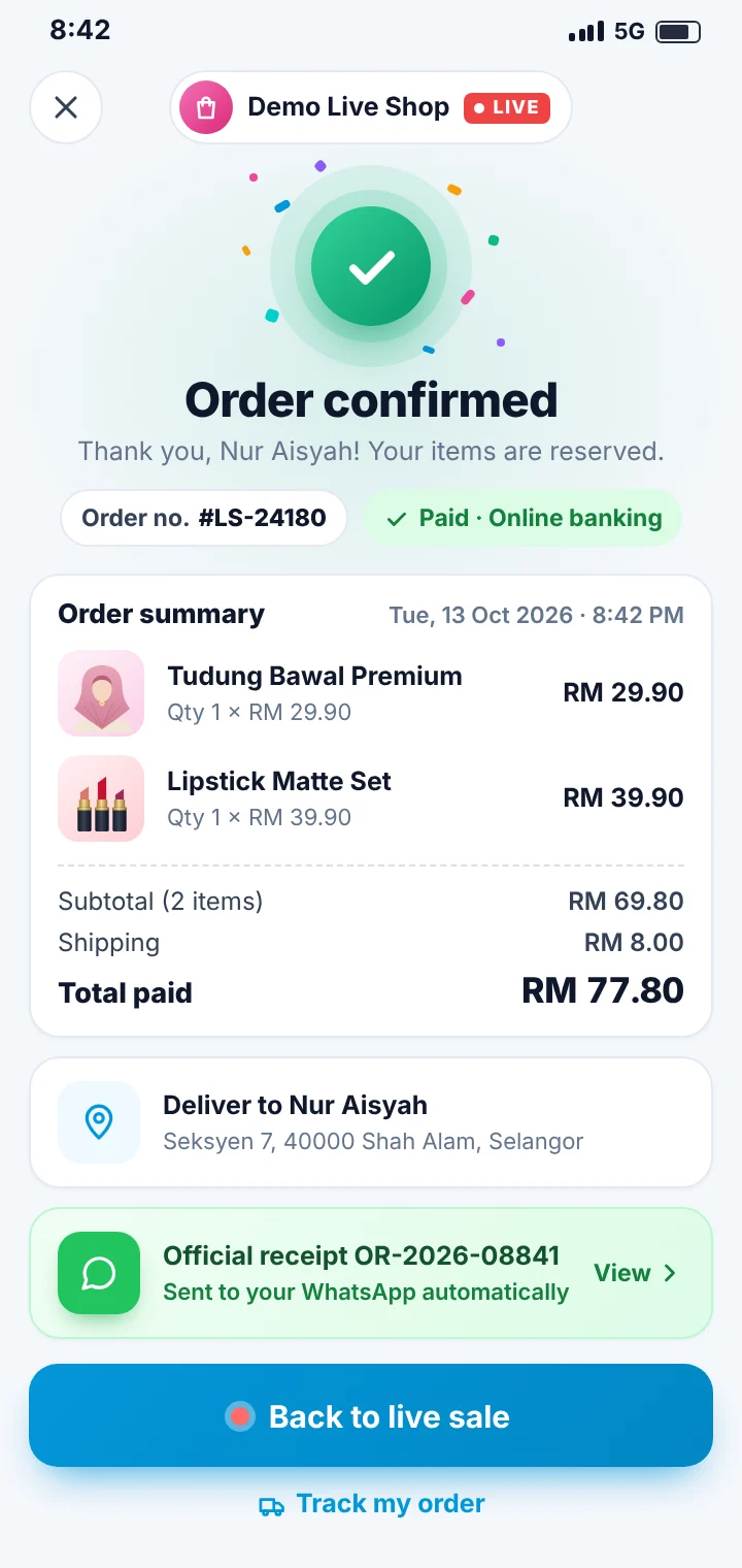 Order confirmed on a buyer's phone, paid by online banking, with the official receipt sent to WhatsApp