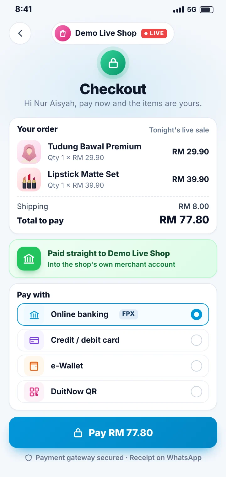 A buyer paying RM 77.80 for a live sale order on a phone, by online banking (FPX), card, e-wallet or DuitNow QR, paid straight to the shop's own merchant account