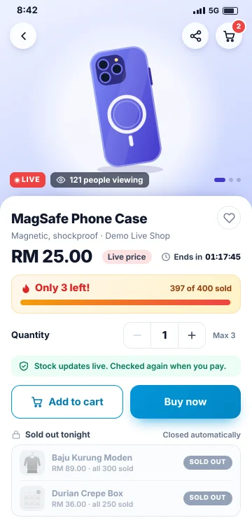 Only 3 left Product page on a phone showing only 3 left, a live stock bar, 121 people viewing and a Buy now button