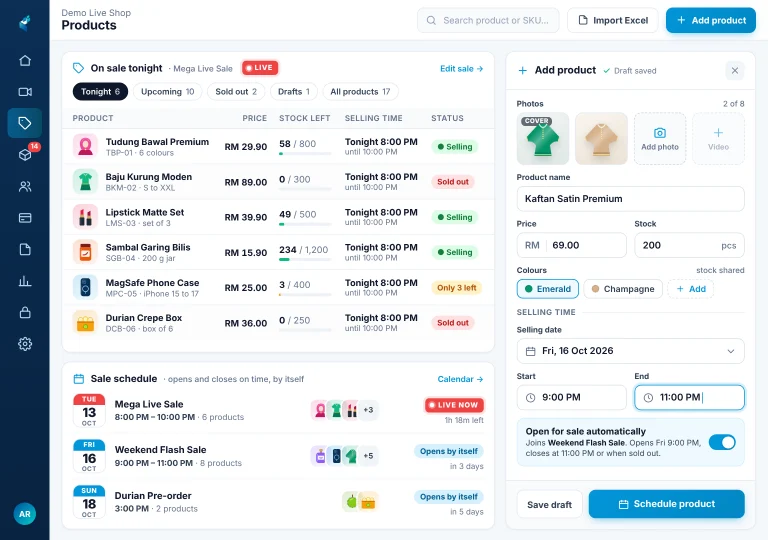 Products & selling dates Product list on an iPad with a new product being added, its price, stock and the selling date and time it opens for sale