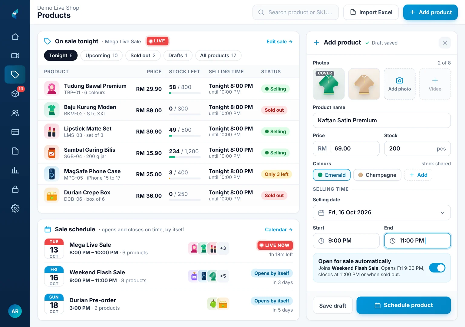 Product list on an iPad with a new product being added, its price, stock and the selling date and time it opens for sale