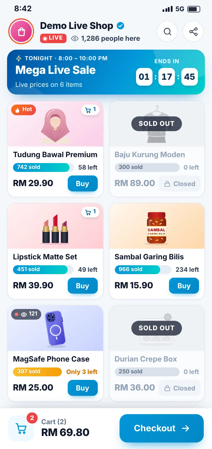 A live sale page on a phone with a LIVE badge, 1,286 people on the shop, products with stock left and sold-out items closed