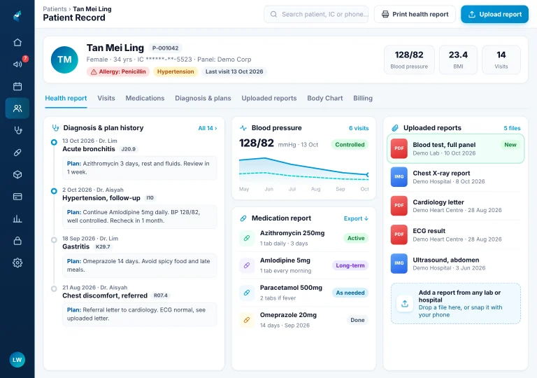 Digital patient record & health report A patient's digital record on an iPad: diagnosis and treatment plan history, blood pressure trend, medication report and reports uploaded from a lab and hospitals