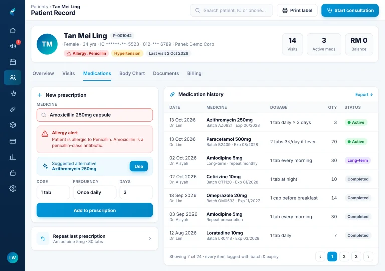 Patient medication history on an iPad with a penicillin allergy alert and a suggested alternative medicine