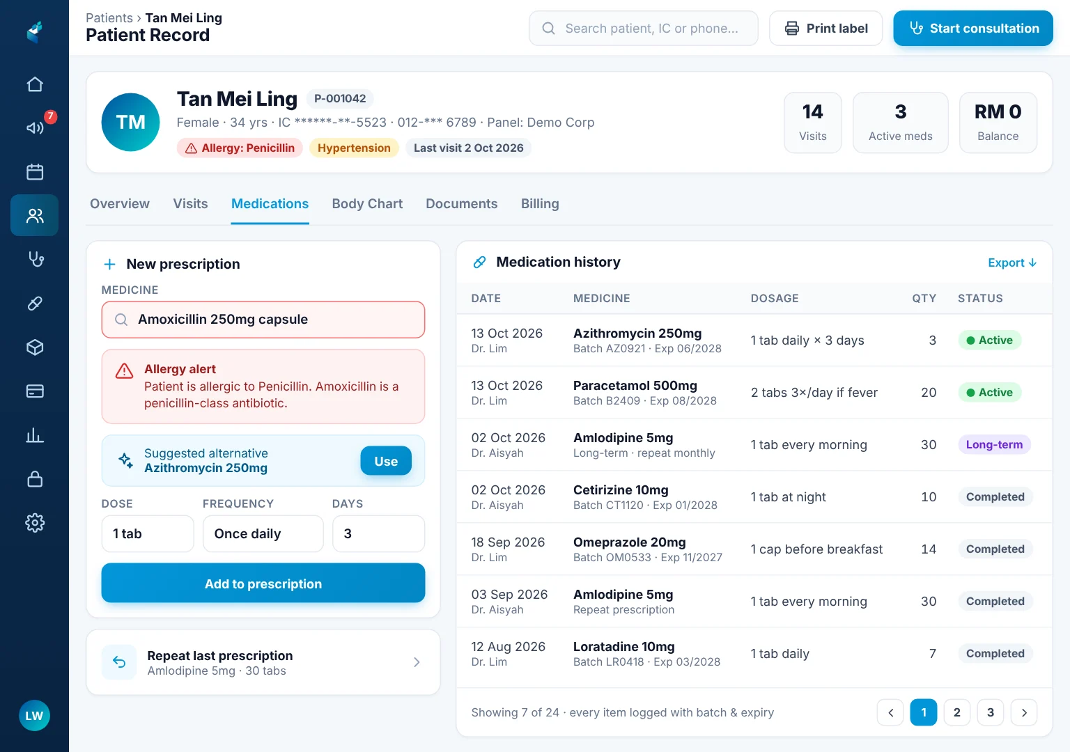 Patient medication history on an iPad with a penicillin allergy alert and a suggested alternative medicine