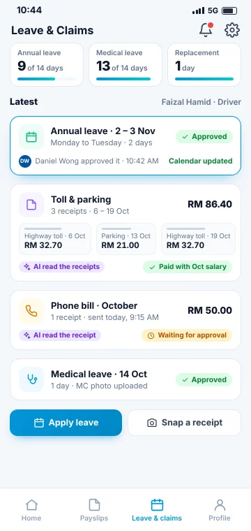 手机请假和报销 员工 App 里的请假和报销:剩余假期、经理批准的年假、AI 读出的过路费和停车费收据跟薪水一起发,还有一项等待批准的报销