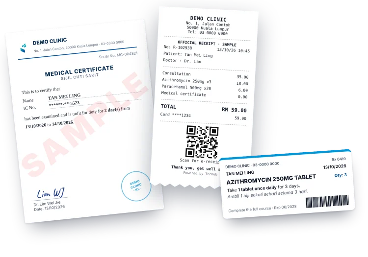 Receipts, MC & labels Sample printed receipt, medical certificate and medicine label produced by the Techub clinic system