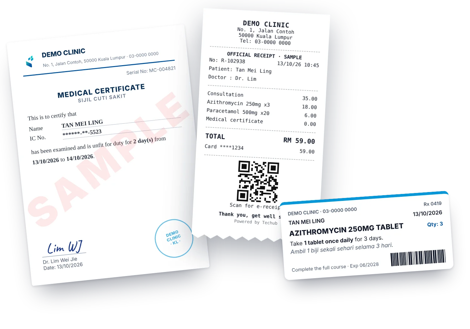 Sample printed receipt, medical certificate and medicine label produced by the Techub clinic system