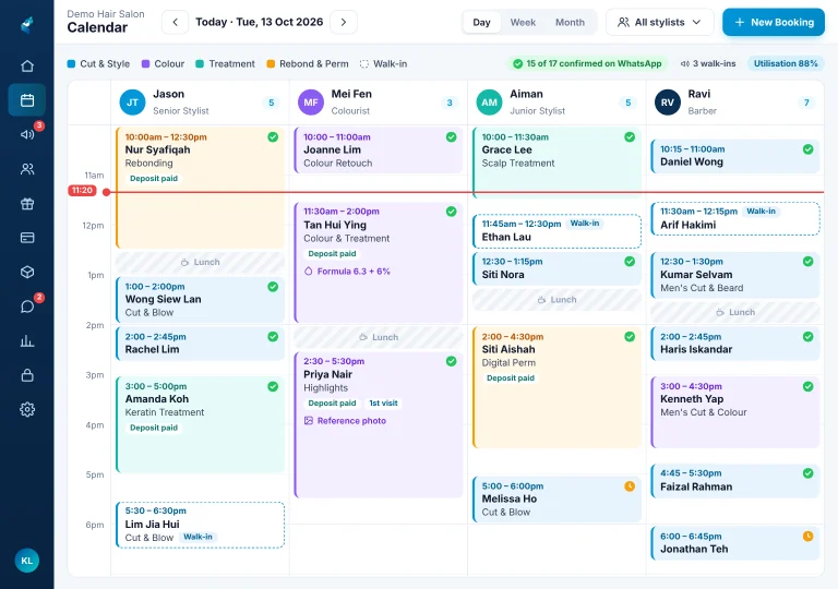 Hair salon booking calendar Hair salon appointment calendar on an iPad by stylist, with colour, rebonding and keratin bookings, walk-ins and WhatsApp confirmations