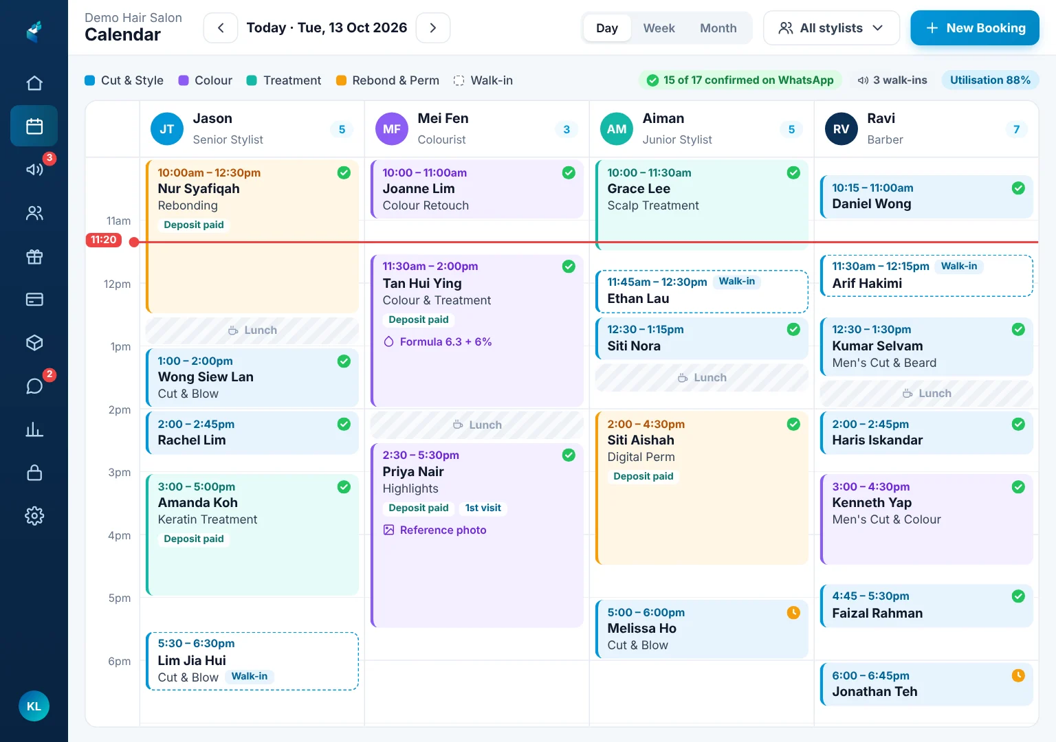 Hair salon appointment calendar on an iPad by stylist, with colour, rebonding and keratin bookings, walk-ins and WhatsApp confirmations