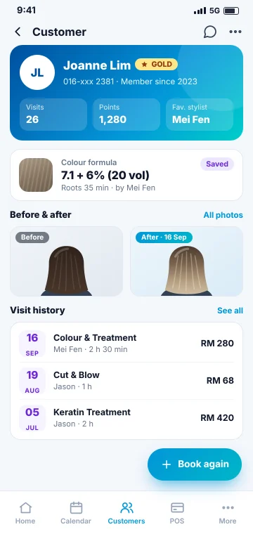 Customer profile & colour formula Hair salon customer profile on a phone with visit history, colour formula, favourite stylist and member points