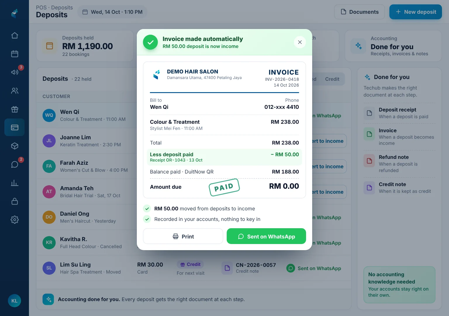 Invoice made automatically on an iPad after one click turned a RM 50 salon deposit into income, with the deposit already deducted