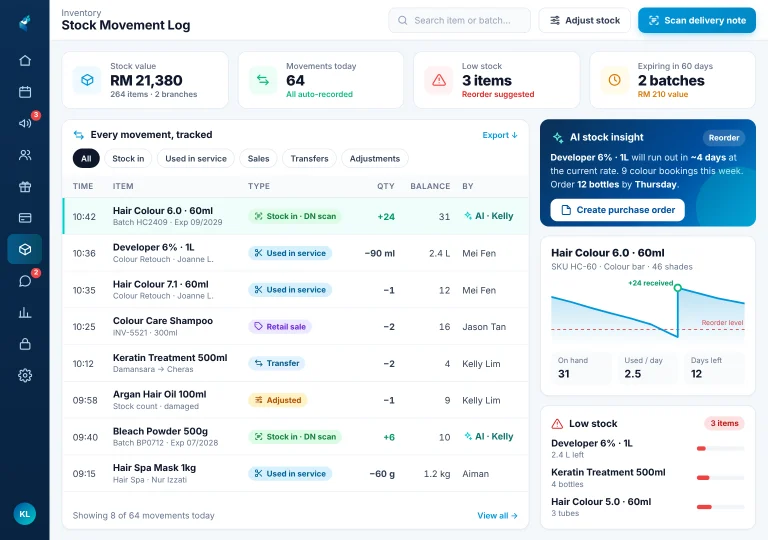 Salon product stock & AI insights Hair salon product stock movement log on an iPad with an AI reorder suggestion