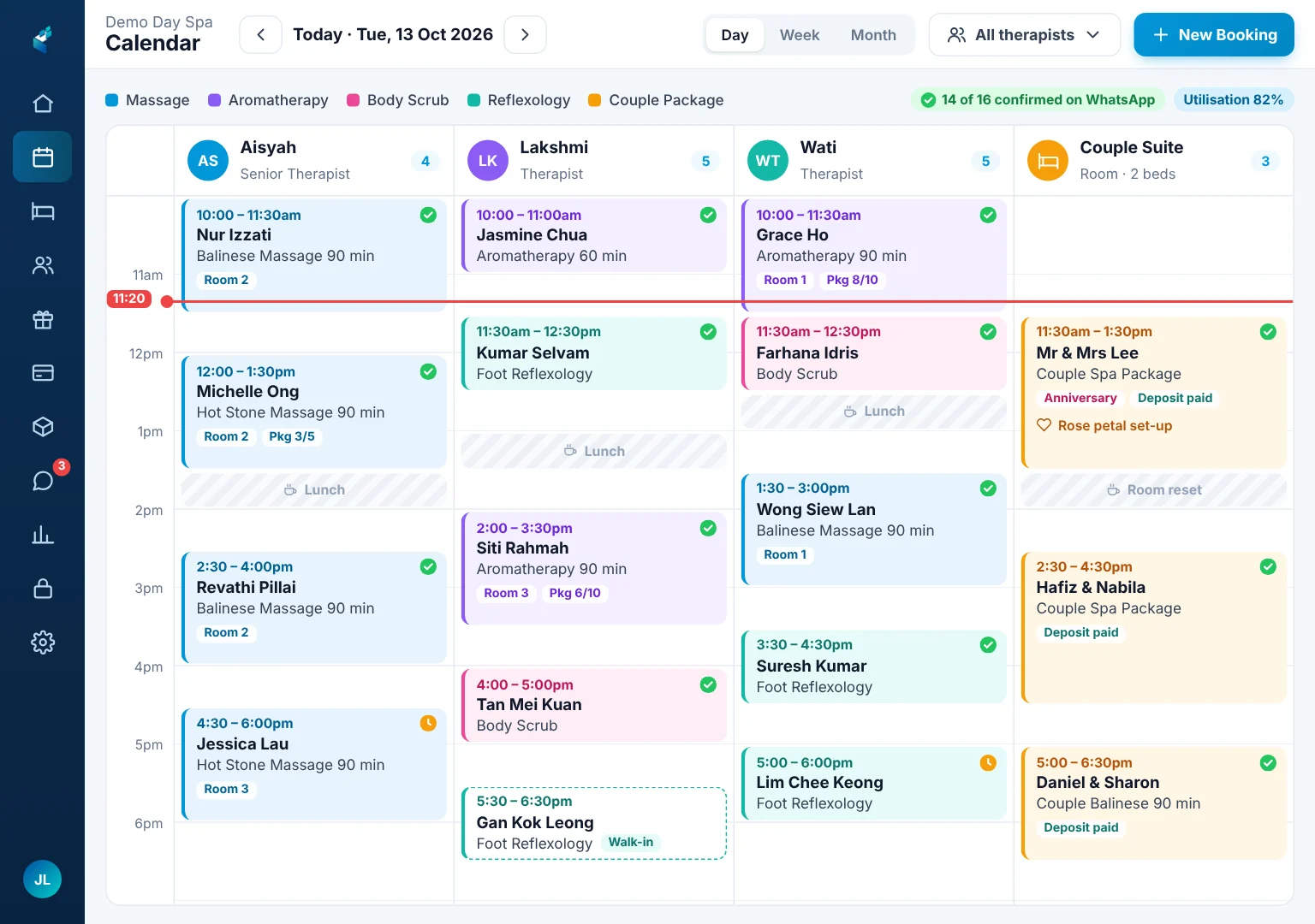 Spa appointment calendar on an iPad by therapist and room, with massage, body scrub and couple spa bookings
