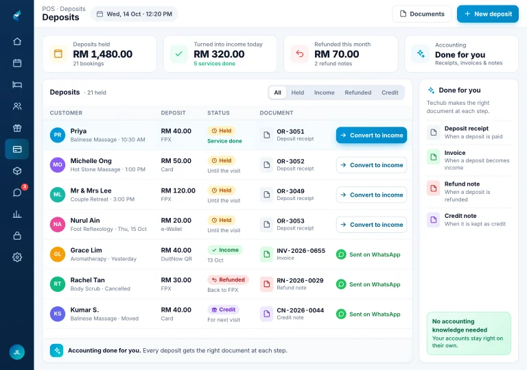 Booking deposits Spa booking deposits on an iPad, each held until the service is done, with its deposit receipt and a one-click Convert to income button