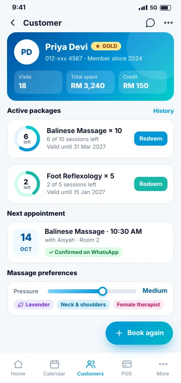 Packages & memberships Spa customer profile on a phone with package sessions left, next appointment and massage preferences