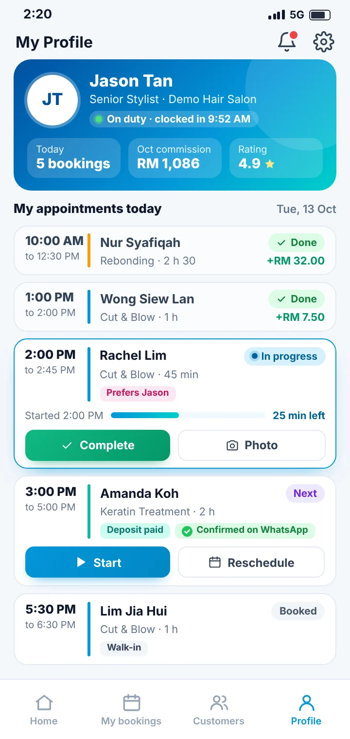 A stylist's own profile on a phone with today's appointments, their status and this month's commission