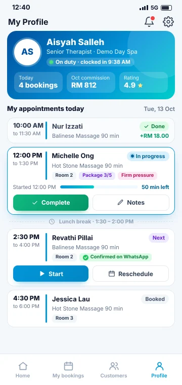 Therapist's own profile A therapist's own profile on a phone with today's appointments, their status and this month's commission