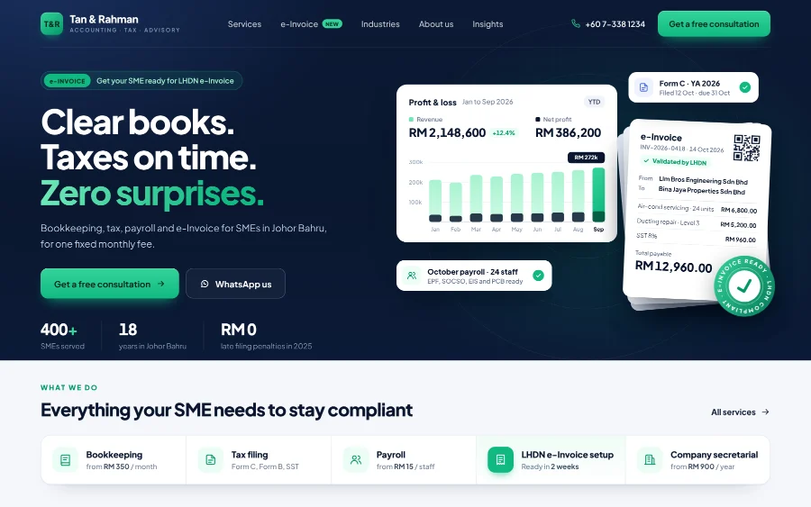 Website design: accounting firm Example website for an accounting and tax firm for SMEs in Johor Bahru with services and a free consultation button