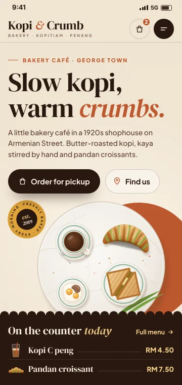 Café website on a phone The bakery café website on a phone with its menu and an order for pickup button