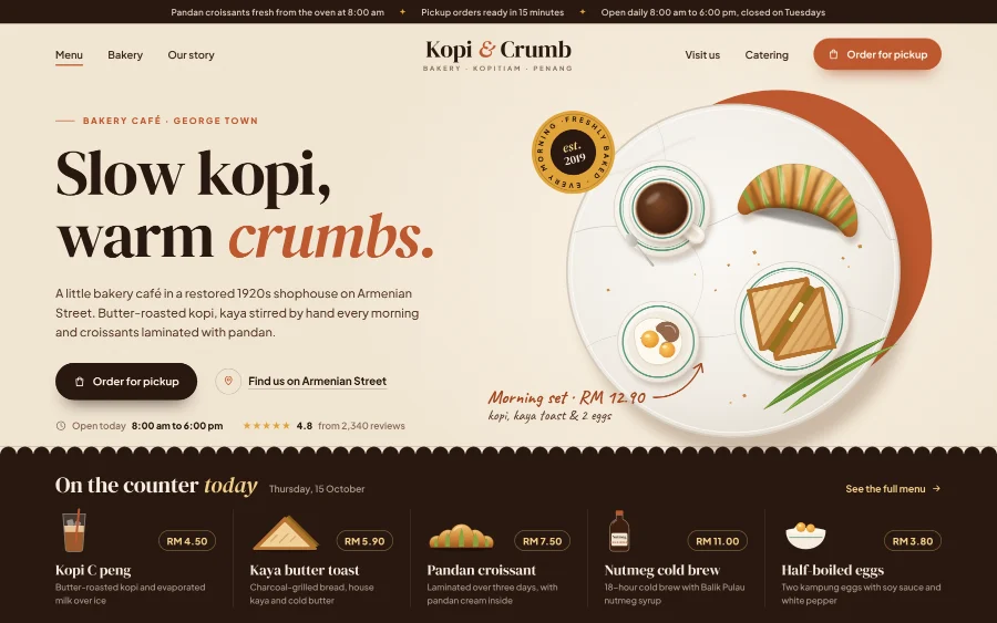 Website design: café Example website for an artisan bakery café in George Town, Penang, with a menu of kopi, kaya toast and pastries in RM