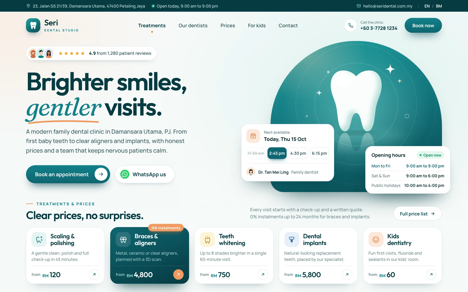Example website for a family dental clinic in Petaling Jaya with treatments from RM prices and appointment booking