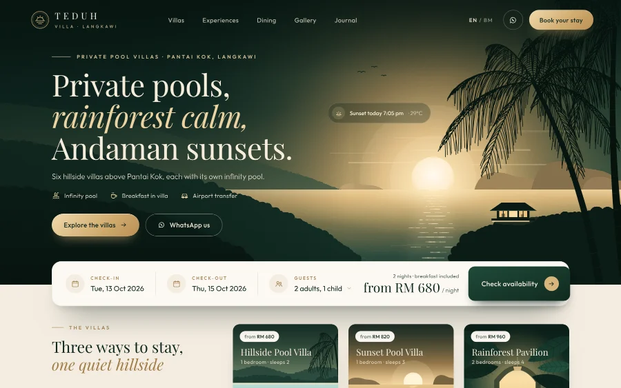 Website design: villa stay Example website for a private pool villa stay in Langkawi with an availability search and prices per night