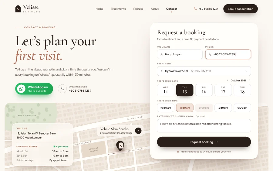 Booking & WhatsApp page The skin clinic website's booking page with a booking form, a WhatsApp button, opening hours and a map