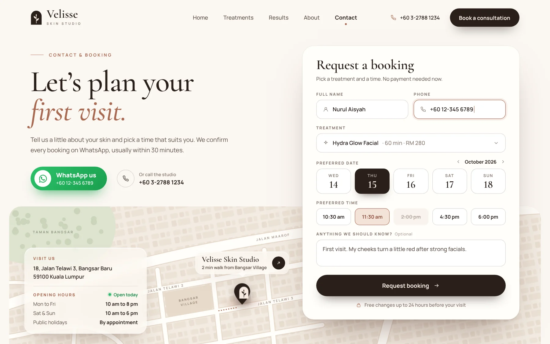 The skin clinic website's booking page with a booking form, a WhatsApp button, opening hours and a map
